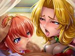  1boy 2girls alicia_viewstream blonde_hair blush breast_press breasts censored fellatio female gloves grabbing hair_ornament hetero jewelry kagami_hirotaka kangoku_senkan kangoku_senkan_2 large_breasts licking lilith-soft masturbation maya_cordelia multiple_girls no_bra oral orange_hair penis precum princess purple_eyes red_eyes saliva see-through shiny shiny_clothes shiny_hair sideboob skin_tight sweat taimanin_asagi_battle_arena tiara 