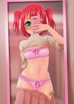  1girl arm_behind_back blush bow bow_bra bow_panties bra breasts cameltoe collarbone cowboy_shot embarrassed enotato female holding holding_phone kurosawa_ruby lifted_by_self love_live!_sunshine!! mirror navel panties phone pleated_skirt red_hair reflection self_shot shirt shirt_lift skirt skirt_down small_breasts smartphone solo tied_hair two_side_up underwear 