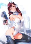  animal_ears arm_support armpits ataruman bangs bare_shoulders black_legwear black_ribbon blush breasts brown_eyes brown_hair bunny_ears cleavage closed_mouth collar commentary_request d.va_(overwatch) detached_sleeves elbow_gloves facepaint facial_mark fake_animal_ears gloves gun hair_over_shoulder hair_ribbon handgun head_tilt headphones highres holding holding_gun holding_weapon leotard long_hair long_sleeves looking_at_viewer low_twintails medium_breasts overwatch reclining ribbon see-through shiny shiny_clothes simple_background skindentation smile smug strapless strapless_leotard thighhighs trigger_discipline twintails weapon whisker_markings white_background white_leotard 