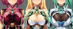  armor bare_shoulders blonde_hair blush bodystocking bodysuit breastplate breasts breasts_apart cleavage cleavage_cutout clothes_writing collarbone detached_sleeves earrings ereraero glowing grey_background head_out_of_frame highres hikari_(xenoblade_2) homura_(xenoblade_2) impossible_bodysuit impossible_clothes jewelry large_breasts lips long_hair multiple_girls pneuma_(xenoblade_2) ponytail red_bodysuit red_hair shiny short_hair shoulder_armor shoulder_pads sidelocks simple_background skin_tight smile spoilers straight_hair upper_body xenoblade_(series) xenoblade_2 