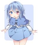  :p amashi_(qcmrq906) bad_id bad_pixiv_id blue_background blue_capelet blue_eyes blue_hair blue_skirt blush border capelet commentary_request cowboy_shot eyebrows_visible_through_hair frilled_capelet frills hair_between_eyes heterochromia leaning_forward long_sleeves miniskirt red_eyes shirt short_hair simple_background skirt smile solo standing tatara_kogasa tongue tongue_out touhou white_border white_shirt 