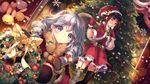  2girls aqua_eyes bell black_eyes blush bow braids brown_hair christmas flowers garter_belt gloves hat jpeg_artifacts kieta long_hair ribbons santa_costume santa_hat stockings tagme_(character) thighhighs tree twintails white_hair wink 