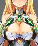  bare_shoulders blonde_hair blush breasts cleavage cleavage_cutout collarbone detached_sleeves ereraero grey_background head_out_of_frame highres hikari_(xenoblade_2) large_breasts lips long_hair sidelocks simple_background solo straight_hair upper_body xenoblade_(series) xenoblade_2 