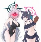  2girls :| @_@ absurdres ahoge angry animal_ear_fluff animal_ears arms_behind_back artist_name bare_arms bare_shoulders bikini bikini_skirt black_bikini black_hair black_halo black_one-piece_swimsuit blue_archive blue_ribbon breasts broken_halo cat_ears cat_girl cleavage closed_mouth clothing_cutout club_(weapon) criss-cross_halter cross cross_hair_ornament dark_halo diamond_cutout face-to-face frilled_bikini frills glowing glowing_eye grey_hair hair_ornament halo halterneck hands_on_own_hips head_bump highleg highleg_one-piece_swimsuit highres holding holding_club holding_weapon inverted_cross large_breasts long_hair multiple_girls navel navel_cutout nervous_smile nervous_sweating off-shoulder_bikini off_shoulder official_alternate_costume one-piece_swimsuit parody pink_halo ribbon serika_(blue_archive) serika_(swimsuit)_(blue_archive) shiroko_(blue_archive) shiroko_terror_(blue_archive) simple_background small_breasts smile sweat swimsuit thighs tom_and_jerry twintails very_long_hair wavy_mouth weapon weapon_behind_back white_background wolf_ears wolf_girl xarkuwn 