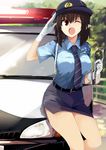  alternate_costume bare_legs belt black_hair blue_neckwear blue_skirt breasts car cuffs day gloves ground_vehicle hand_up handcuffs hat holding kamukamu_(ars) large_breasts miniskirt motor_vehicle necktie no_wings one_eye_closed open_mouth outdoors pencil_skirt pointy_ears police police_car police_uniform policewoman red_eyes salute shameimaru_aya short_sleeves skirt smile solo striped striped_neckwear touhou uniform white_gloves wing_collar 