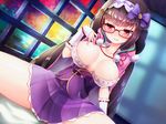  areolae bangs black_hair blush breasts closed_mouth dutch_angle fate/grand_order fate_(series) glasses hairband large_breasts long_hair looking_away low_twintails osakabe-hime_(fate/grand_order) oshishio purple_eyes red-framed_eyewear solo twintails very_long_hair window 