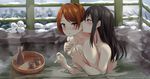  bath bathing black_hair blue_eyes blush breast_grab breasts brown_hair commentary_request grabbing grabbing_from_behind groping long_hair looking_at_another multiple_girls nude onsen original partially_submerged ringocha_(appleteatea) rock small_breasts steam sweat wading water wet yellow_eyes yuri 