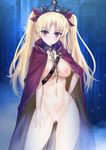  ass_visible_through_thighs bangs blonde_hair blush breasts cape censored closed_mouth contrapposto cowboy_shot dark_background earrings ereshkigal_(fate/grand_order) ero_waifu eyebrows_visible_through_hair fate/grand_order fate_(series) hand_on_hip heart heart_censor highres jewelry large_breasts legs_apart long_hair looking_at_viewer motion_blur naked_cape navel parted_bangs purple_cape purple_ribbon red_eyes red_ribbon ribbon shiny shiny_hair shiny_skin skull solo spine standing stomach thighs tiara tsurime two_side_up v-shaped_eyebrows very_long_hair 