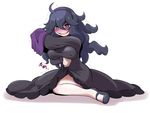  ahoge al_bhed_eyes blue_eyes blush breasts covered_nipples dress flashing hairband heart heart-shaped_pupils hex_maniac_(pokemon) large_breasts long_hair looking_at_viewer messy_hair open_mouth pokemon pokemon_(game) pokemon_xy purple_hairband ribbed_sweater sitting skirt skirt_lift smile solo sweat sweater symbol-shaped_pupils takura_mahiro trembling wariza 