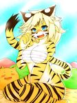  2016 anthro bed big_breasts blonde_hair blue_eyes blush bottomless breasts chest_wraps clothed clothing feline female fur hair looking_at_viewer mammal megane_inu mostly_nude nipples orange_fur pillow pose sitting smile solo tiger white_fur wraps 眼鏡狗 