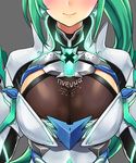  armor blush bodystocking breastplate breasts cleavage clothes_writing earrings ereraero glowing green_hair grey_background head_out_of_frame highres jewelry large_breasts lips long_hair pneuma_(xenoblade_2) ponytail shiny sidelocks simple_background solo spoilers upper_body xenoblade_(series) xenoblade_2 