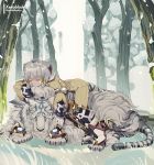  1girl absurdres animal_ears bodysuit byakko_(xenoblade) cat_ears facial_mark gloves grey_hair highres nintendo niyah on_animal sleeping snow tiger tree white_gloves white_tiger xenoblade_(series) xenoblade_2 