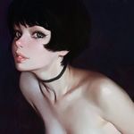  bangs black_background black_eyes black_hair blunt_bangs bob_cut breasts choker cleavage collarbone green_eyes ilya_kuvshinov lips looking_at_viewer nude original out-of-frame_censoring parted_lips short_hair small_breasts solo upper_body 
