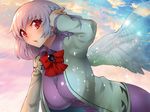  angel_wings bangs beige_jacket bent_over blue_sky blush braid breasts brooch cloud cloudy_sky dress error eyebrows_visible_through_hair french_braid from_side hand_up hanging_breasts jewelry kishin_sagume large_breasts light_particles long_sleeves looking_at_viewer open_mouth pink_lips pink_sky purple_dress red_eyes reflective_eyes ribbon shiny shiny_clothes shiny_hair short_hair silver_hair single_wing sky solo sunlight sunset touhou umigarasu_(kitsune1963) upper_body wings 