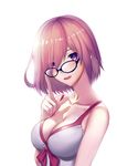  adjusting_eyewear black-framed_eyewear blush bow bow_swimsuit breasts cleavage collarbone dress dress_swimsuit eyes_visible_through_hair fate/grand_order fate_(series) freze glasses hair_between_eyes hair_over_one_eye highres index_finger_raised large_breasts lavender_hair looking_at_viewer mash_kyrielight open_mouth purple_eyes red_bow short_hair smile solo swimsuit swimsuit_of_perpetual_summer upper_body white_background white_dress white_swimsuit 