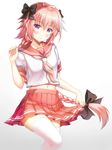  astolfo_(fate) bangs black_bow blush bow braid closed_mouth collarbone eroge-_(artist) eyebrows_visible_through_hair fate/grand_order fate_(series) floating_hair gradient gradient_background grey_background hair_between_eyes hair_bow hair_intakes hand_up head_tilt highres leg_up long_hair looking_at_viewer male_focus medium_skirt midriff multicolored_hair nail_polish navel neckerchief otoko_no_ko pink_hair pink_nails pink_neckwear pleated_skirt purple_eyes red_sailor_collar red_skirt sailor_collar shiny shiny_hair short_sleeves sidelocks single_braid skirt skirt_hold smile solo standing standing_on_one_leg streaked_hair thighhighs very_long_hair white_background white_hair white_legwear zettai_ryouiki 
