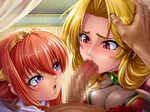  1boy 2girls alicia_viewstream blonde_hair blush breast_press breasts censored fellatio female gloves grabbing hair_ornament hetero jewelry kagami_hirotaka kangoku_senkan kangoku_senkan_2 large_breasts licking lilith-soft masturbation maya_cordelia multiple_girls no_bra oral orange_hair penis princess purple_eyes red_eyes saliva see-through shiny shiny_clothes shiny_hair sideboob skin_tight sweat taimanin_asagi_battle_arena tiara 