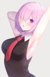  1girl ;o arched_back arm_behind_head armpits arms_up bangs bare_arms bare_shoulders black_shirt blush breasts collared_shirt commentary_request fate/grand_order fate_(series) firepo grey_background hair_between_eyes hair_over_one_eye highres looking_at_viewer mash_kyrielight medium_breasts necktie one_eye_closed outstretched_arm parted_lips purple_eyes purple_hair red_neckwear shirt short_hair simple_background sleeveless sleeveless_shirt solo upper_body 