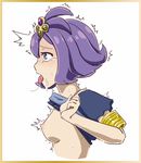  1girl acerola_(pokemon) armlet artist_request blue_shirt blush border breasts drooling elite_four female from_side hair_ornament matching_hair/eyes medium_breasts nipples no_bra open_mouth pokemon pokemon_(game) pokemon_sm purple_eyes purple_hair saliva saliva_trail shirt shirt_lift short_hair short_sleeves simple_background solo sweat tears tongue tongue_out trembling trial_captain upper_body white_background yellow_border 