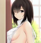  ;) backless_outfit bangs bare_shoulders blurry blush breasts brown_eyes brown_hair closed_mouth covered_nipples depth_of_field eyebrows_visible_through_hair indoors large_breasts long_hair looking_at_viewer looking_to_the_side meme_attire nonaka_ritsu one_eye_closed original ribbed_sweater sideboob sleeveless sleeveless_turtleneck smile solo sweater tareme turtleneck upper_body virgin_killer_sweater white_sweater window 