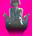  aqua_eyes atlus catherine:_full_body catherine_(game) dress dress_lift highres looking_at_viewer navel official_art pink_background pink_hair rin_(catherine) short_hair soejima_shigenori solo stomach upper_body 