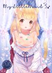  :d animal_ears bangs bare_shoulders blonde_hair blush bow bow_bra bra bra_pull brown_eyes cat_ears cat_girl cat_tail clothes_pull collarbone commentary_request cover cover_page curtains doujin_cover eyebrows_visible_through_hair flat_chest hair_bow heart highres jewelry long_hair long_sleeves looking_at_viewer mutou_mato necklace nightgown nipples open_mouth original pink_ribbon purple_bow purple_bra ribbon sleeves_past_wrists smile solo star tail underwear 