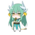  bangs black_footwear chibi closed_mouth dragon_horns eyebrows_visible_through_hair fate/grand_order fate_(series) green_hair green_kimono hair_ornament horns japanese_clothes kimono kiyohime_(fate/grand_order) kuki_panda_(wkdwnsgk13) long_sleeves looking_at_viewer obi sash shaded_face simple_background sleeves_past_wrists smile solo standing thighhighs white_background white_legwear wide_sleeves yellow_eyes zouri 