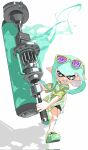  1girl black_eyes black_shorts blue_hair blue_tongue colored_tongue commentary_request corrupted_twitter_file dynamo_roller_(splatoon) eyewear_on_head fangs full_body green-framed_eyewear green_footwear green_shirt highres holding holding_weapon huge_weapon inkling inkling_girl inkling_player_character lantern_madoyoi long_hair open_mouth pointy_ears shirt shorts smile solo splatoon_(series) splatoon_3 sunglasses sweat t-shirt tentacle_hair weapon white_background 