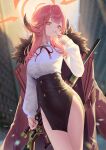  1girl aru_(blue_archive) black_skirt blue_archive blurry blurry_background breasts brown_coat cirilla_lin coat coat_on_shoulders collared_shirt demon_girl demon_horns finger_to_mouth fur-trimmed_coat fur_trim gun h&amp;k_psg1 halo hand_up high-waist_skirt highres horns large_breasts long_hair looking_at_viewer neck_ribbon orange_eyes orange_halo pink_hair red_ribbon ribbon rifle shirt skirt smile sniper_rifle solo thighs weapon weapon_behind_back white_shirt 