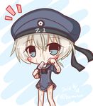  ascot bangs black_neckwear black_ribbon blue_eyes blush dated dress eating eyebrows_visible_through_hair food food_in_mouth hair_between_eyes hat head_tilt holding holding_food hot kantai_collection komakoma_(magicaltale) looking_at_viewer navy_blue_dress navy_blue_hat peaked_cap popsicle ribbon sailor_dress short_dress short_hair short_sleeves silver_hair solo sweat twitter_username z1_leberecht_maass_(kantai_collection) 