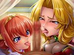  1boy 2girls alicia_viewstream blonde_hair blush breast_press breasts censored fellatio female gloves hair_ornament hetero jewelry kagami_hirotaka kangoku_senkan kangoku_senkan_2 large_breasts licking lilith-soft masturbation maya_cordelia moaning multiple_girls no_bra oral orange_hair penis princess purple_eyes red_eyes saliva see-through shiny shiny_clothes shiny_hair sideboob skin_tight sweat taimanin_asagi_battle_arena tiara 