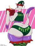  2017 absurd_res anthro big_butt blush breasts butt cheek_tuft christmas christmas_present clothed clothing colored_nails digital_media_(artwork) eyeshadow female fur gift hat hi_res holding_object holidays legwear looking_back makeup mienshao nintendo panties plankboy pok&eacute;mon pok&eacute;mon_(species) purple_eyes purple_fur raised_tail rear_view side_boob signature simple_background solo standing stockings striped_legwear striped_stockings stripes thick_thighs tuft underwear video_games voluptuous whiskers wide_hips 