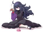  ahoge al_bhed_eyes blue_eyes dress hairband hex_maniac_(pokemon) holding holding_poke_ball long_hair looking_at_viewer messy_hair poke_ball poke_ball_(generic) pokemon pokemon_(game) pokemon_xy purple_hairband ribbed_sweater sitting smile solo sweater takura_mahiro wariza 