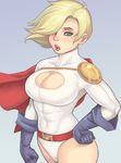  abs belt blonde_hair blue_eyes blue_gloves breasts cape cleavage cleavage_cutout clenched_hands dc_comics gloves hair_over_one_eye large_breasts leotard lipstick makeup maou_alba nose power_girl puckered_lips short_hair solo superhero 