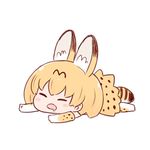  animal_ears batta_(ijigen_debris) blonde_hair blush_stickers chibi closed_eyes commentary drooling extra_ears kemono_friends lying on_stomach open_mouth serval_(kemono_friends) serval_ears serval_tail simple_background sleeping solo tail white_background 