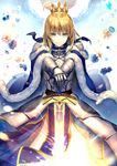  ahoge aqua_eyes armor armored_dress artoria_pendragon_(all) bad_id bad_pixiv_id bangs blonde_hair blue_cape braid breastplate cape cowboy_shot crown excalibur fate/stay_night fate_(series) faulds flower french_braid fur_trim gauntlets glowing glowing_sword glowing_weapon hair_between_eyes hands_on_hilt highres kouyafu looking_at_viewer outstretched_arms petals saber short_hair smile solo sword weapon 