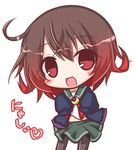  :d ahoge bangs black_legwear blue_jacket blush brown_hair collarbone commentary_request cowboy_shot crescent crescent_moon_pin eyebrows_visible_through_hair gradient_hair green_skirt hair_between_eyes head_tilt heart jacket kantai_collection komakoma_(magicaltale) long_sleeves looking_at_viewer midriff multicolored_hair mutsuki_(kantai_collection) navel neckerchief open_mouth pantyhose pleated_skirt red_eyes red_hair red_neckwear remodel_(kantai_collection) school_uniform serafuku shirt simple_background skirt sleeves_past_wrists smile solo translation_request white_background white_shirt 