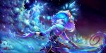  1girl 2019 armband armlet black_eyes blue_hair blue_nails blush bracelet eyes_closed frozen fur_trim gem highres ice jewelry kanmai_x_sou league_of_legends medium_hair multicolored_hair nail_polish neeko parted_lips pink_lips poro_(league_of_legends) purple_eyes purple_hair reflection signature silhouette snow snowflakes snowing sparkle sparkling_eyes star tail tattoo tongue tongue_out tree 