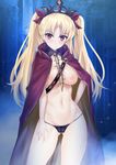  ass_visible_through_thighs bangs bikini_bottom black_bikini_bottom blonde_hair blush breasts cape closed_mouth contrapposto cowboy_shot dark_background earrings ereshkigal_(fate/grand_order) ero_waifu eyebrows_visible_through_hair fate/grand_order fate_(series) hand_on_hip highres jewelry large_breasts legs_apart long_hair looking_at_viewer motion_blur navel no_panties parted_bangs purple_cape purple_ribbon red_eyes red_ribbon ribbon shiny shiny_hair shiny_skin skull solo spine standing stomach thighs tiara tsurime two_side_up v-shaped_eyebrows very_long_hair 