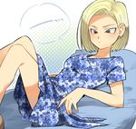  1girl android_18 bare_legs blonde_hair blue_dress blue_eyes dragon_ball dragon_ball_z dress earrings expressionless jewelry looking_away lying official_style petagon short_hair solo speech_bubble 