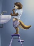 anthro blue_wall boxers_(clothing) brown_body brown_fur brown_hair brush brushing brushing_teeth bulge clothing eyes_closed faucet feet fur hair male mammal mustelid otter pandottermon side_view simple_background sink solo step_ladder toothbrush toothbrush_in_mouth underwear