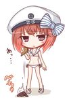  anchor bare_arms bikini bow brown_eyes brown_hair character_name chibi collarbone commentary_request double_scoop food full_body hair_bow hat highres holding holding_food ice_cream ice_cream_cone kantai_collection komakoma_(magicaltale) parted_lips peaked_cap sailor_bikini sailor_collar sandals short_hair simple_background solo striped striped_bow swimsuit tears translation_request white_background white_bikini white_footwear white_hat z3_max_schultz_(kantai_collection) 