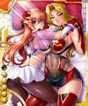  2girls alicia_viewstream bed black_legwear blonde_hair blush breast_press breasts card_(medium) curvy female gloves hair_ornament happy hug jewelry kagami_hirotaka kangoku_senkan kangoku_senkan_2 large_breasts lilith-soft looking_at_viewer looking_back lying maya_cordelia multiple_girls no_bra on_bed orange_hair pantyhose princess purple_eyes red_eyes see-through shiny shiny_clothes shiny_hair sideboob skin_tight skirt smile solo sweat taimanin_asagi_battle_arena thighs thong tiara 