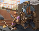 2025 animated anthro balls blue_hair bottomwear bottomwear_down breath briefs clothed clothing construction_site construction_worker duo erection eyes_closed felid fellatio frost_tiger genitals hair hand_on_balls hand_on_head hiding kneeling kneeling_oral_position knest low_res male male/male mammal masturbation oral outside pantherine pants pants_down partially_clothed penile penis public public_blowjob public_masturbation public_oral public_sex safety_helmet safety_vest sex shirt speech_bubble standing stealth_sex steel_beam striped_body stripes tail tail_motion tailwag tiger topwear underwear unprofessional_behavior vest