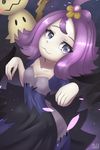  1girl :3 acerola_(pokemon) artist_name blue_dress breasts collarbone dress dutch_angle female hands_up looking_at_viewer mimikyu paw_pose pokemon pokemon_(creature) pokemon_(game) pokemon_sm purple_background purple_eyes purple_hair rilex_lenov short_hair simple_background small_breasts smile watermark 