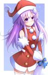  bare_shoulders blush carrying_bag cowboy_shot d-pad d-pad_hair_ornament detached_sleeves doria_(5073726) dress fur_trim hair_ornament hairclip hat long_hair looking_at_viewer nepgear neptune_(series) purple_eyes purple_hair red_dress santa_costume santa_hat solo thighhighs 