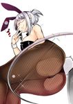  1girl alone ass ass_press bare_shoulders breasts bunny_costume bunny_ears bunny_tail female glass_table glasses hips large_ass large_breasts sideboob sitting solo table thick_thighs thighs white_hair wide_hips wink 