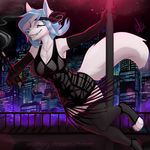  2017 4_toes 5_fingers anthro blue_hair breasts canine city clothed clothing detailed_background digital_media_(artwork) digitigrade female hair mammal night outside smile solo toes wolf wolflady 