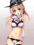  :d anchor_hair_ornament aqua_eyes bangs black_hat black_legwear blonde_hair blush bow bow_bra bow_panties bra cowboy_shot eyebrows_visible_through_hair finger_to_mouth gloves gradient gradient_background grey_background hair_ornament hand_up hat head_tilt kantai_collection lace lace-trimmed_bra lace-trimmed_panties lingerie long_hair looking_at_viewer low_twintails open_mouth panties peaked_cap prinz_eugen_(kantai_collection) red_bow shirokitsune smile solo standing thigh_gap thighhighs twintails underwear underwear_only white_bra white_gloves white_panties 