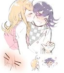  1boy 1girl ahoge akamatsu_kaede bangs blonde_hair blush buttons checkered_scarf danganronpa duo eyebrows eyes_closed hair_ornament hairclip kiss long_hair matching_hair/eyes musical_note musical_note_hair_ornament nanamichiii new_danganronpa_v3 ouma_kokichi purple_eyes purple_hair scarf school_uniform shirt short_hair side_bangs straitjacket sweater sweater_vest uniform white_shirt 